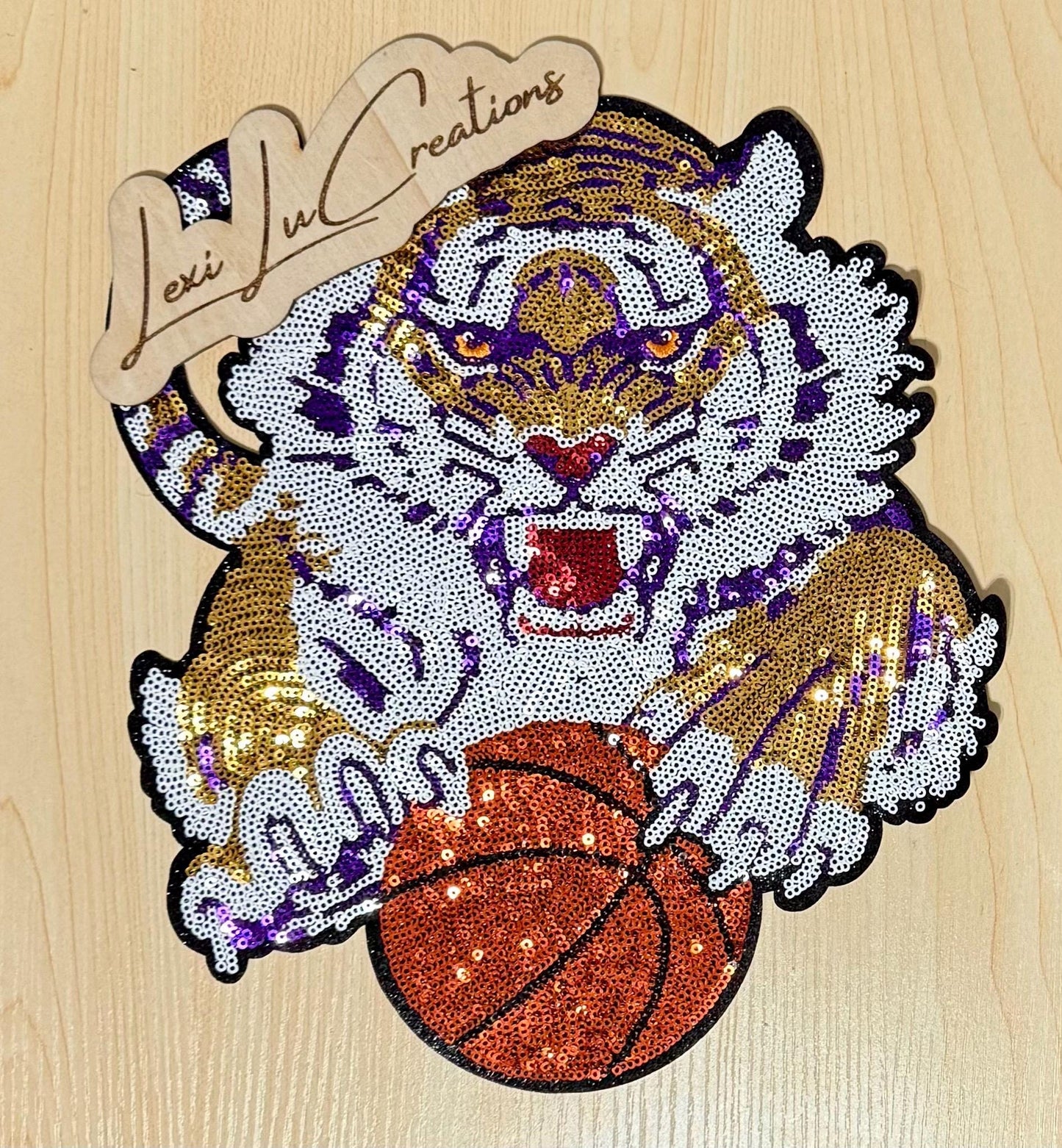 Purple & Gold LSU Basketball Tiger Mascot Sequin Patch | Iron On Applique | Game Day Shirt Patch