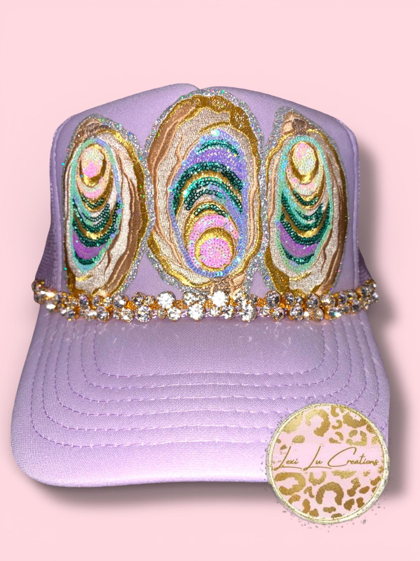 Sequin Oyster Patch Hat with Bling Chain | Coastal Southern Sparkle Trucker Hat | Louisiana Seafood Festival Hat | Custom Patch Bar Hat