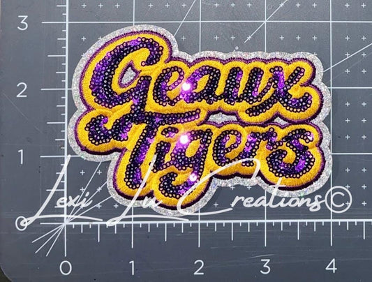 Geaux Tigers Sequin Iron On Patch | Purple and Gold Sequin Hat Patch | LSU Inspired Glam Patch | Louisiana Patch