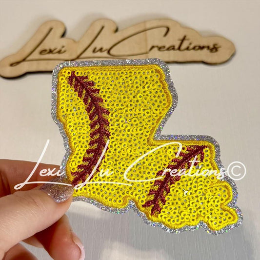 Louisiana Softball Hat Patch | Sequin Softball Patch | Louisiana State Patch | Softball Mom Hat Patch | Trucker Hat Patch | Patch Bar Supply