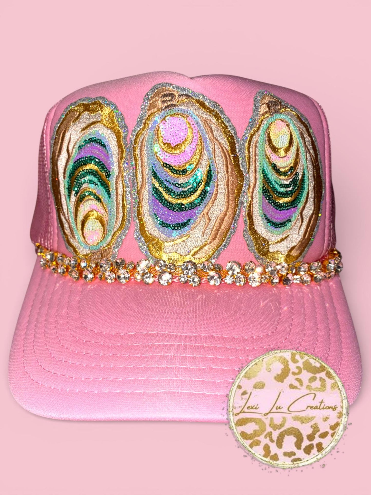 Sequin Oyster Patch Hat with Bling Chain | Coastal Southern Sparkle Trucker Hat | Louisiana Seafood Festival Hat | Custom Patch Bar Hat