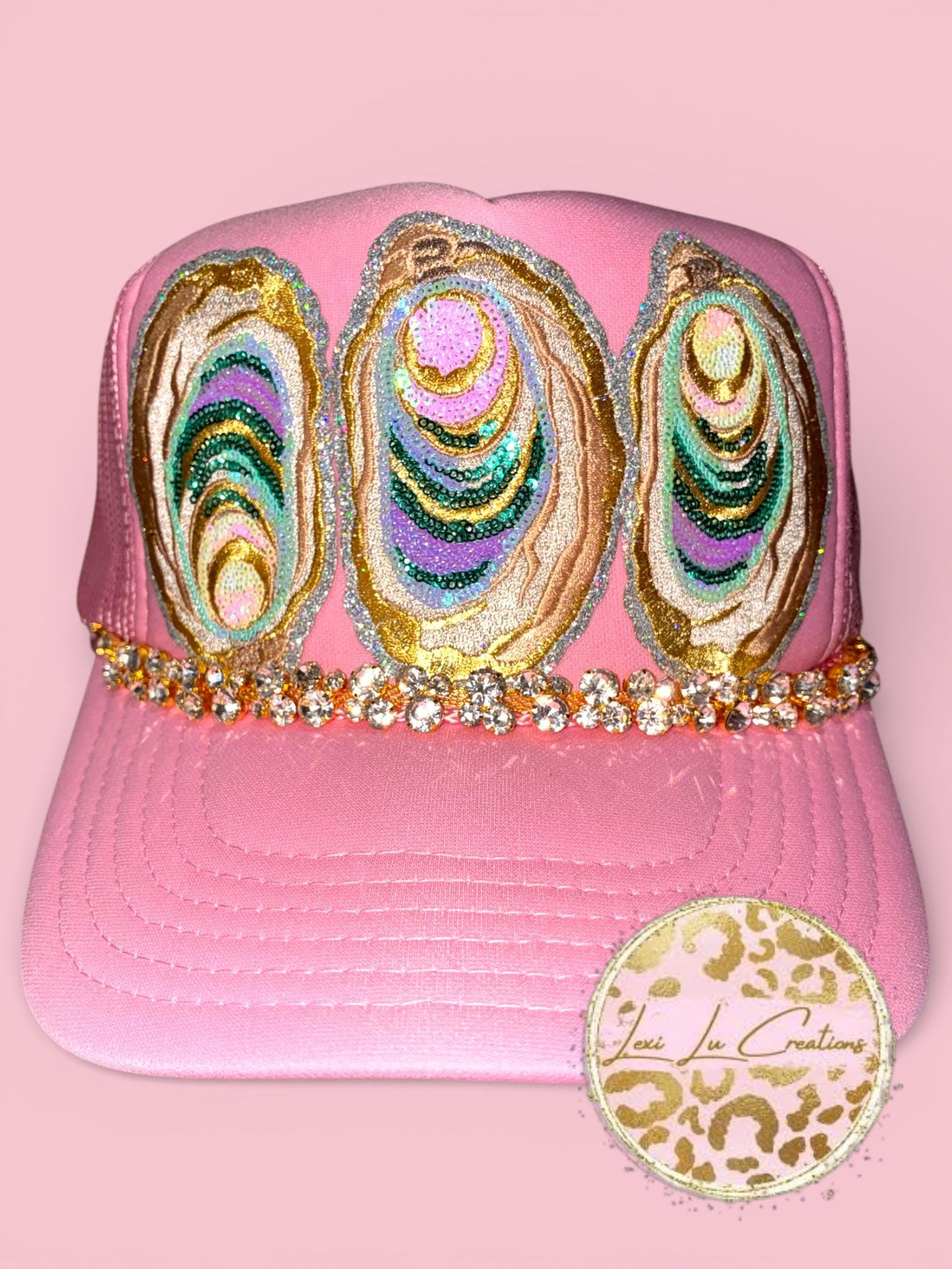 Sequin Oyster Patch Hat with Bling Chain | Coastal Southern Sparkle Trucker Hat | Louisiana Seafood Festival Hat | Custom Patch Bar Hat