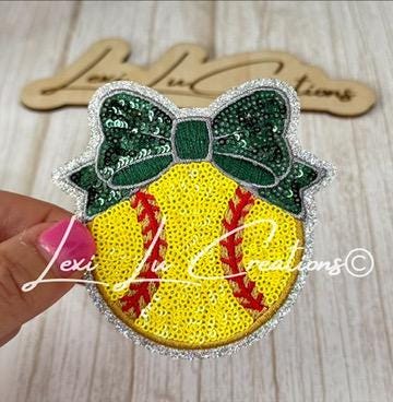 Softball Bow Patch Set | Softball Bow Patches | Sequin Softball Patch | Girls Softball Patch | Hat Patch | Patch Bar Supply