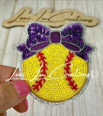 Softball Bow Patch Set | Softball Bow Patches | Sequin Softball Patch | Girls Softball Patch | Hat Patch | Patch Bar Supply