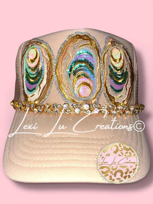 Sequin Oyster Patch Hat with Bling Chain | Coastal Southern Sparkle Trucker Hat | Louisiana Seafood Festival Hat | Custom Patch Bar Hat