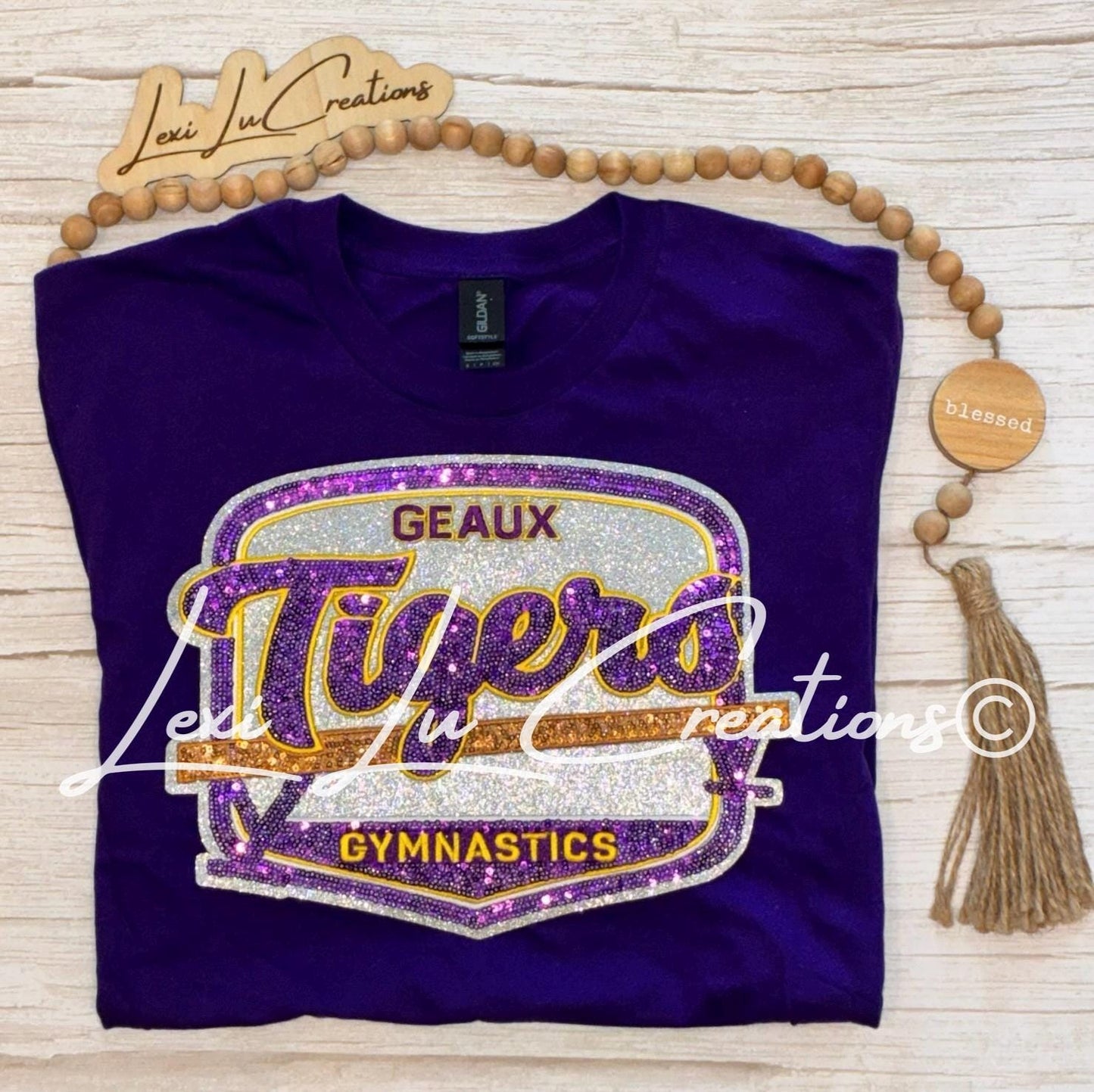 Geaux Tigers Gymnastics Shirt | LSU Gymnastics | Sequin Tigers Patch | Purple and Gold Patch | Louisiana Patch Apparel