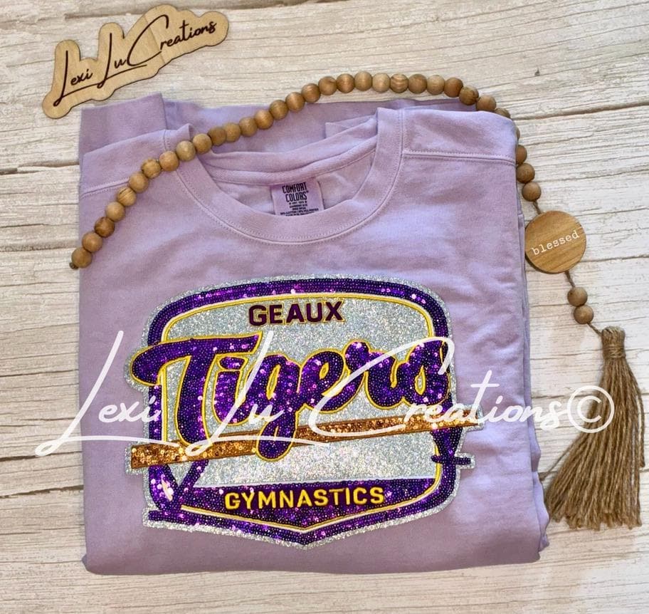 Geaux Tigers Gymnastics Shirt | LSU Gymnastics | Sequin Tigers Patch | Purple and Gold Patch | Louisiana Patch Apparel