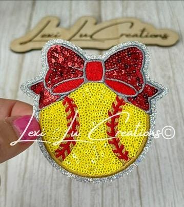 Softball Bow Patch Set | Softball Bow Patches | Sequin Softball Patch | Girls Softball Patch | Hat Patch | Patch Bar Supply
