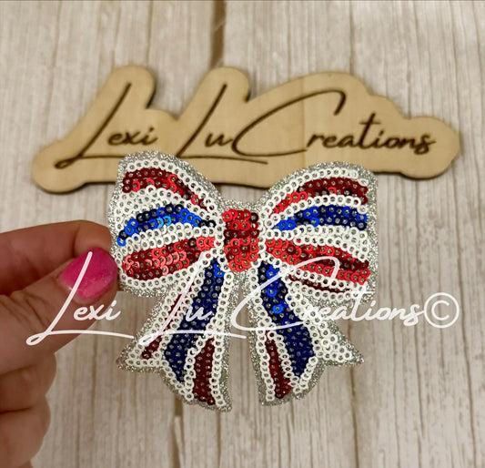 Red White and Blue Bow Iron On Patch| Coquette Hat Patches | 4th of July Patch | USA | Sequin Patch