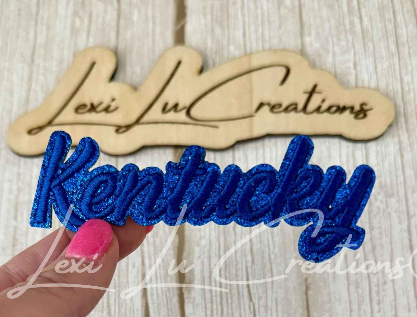 Kentucky Script Patch | Blue Glitter Kentucky Iron-On | Embroidered State Name | Game Day Appliqué