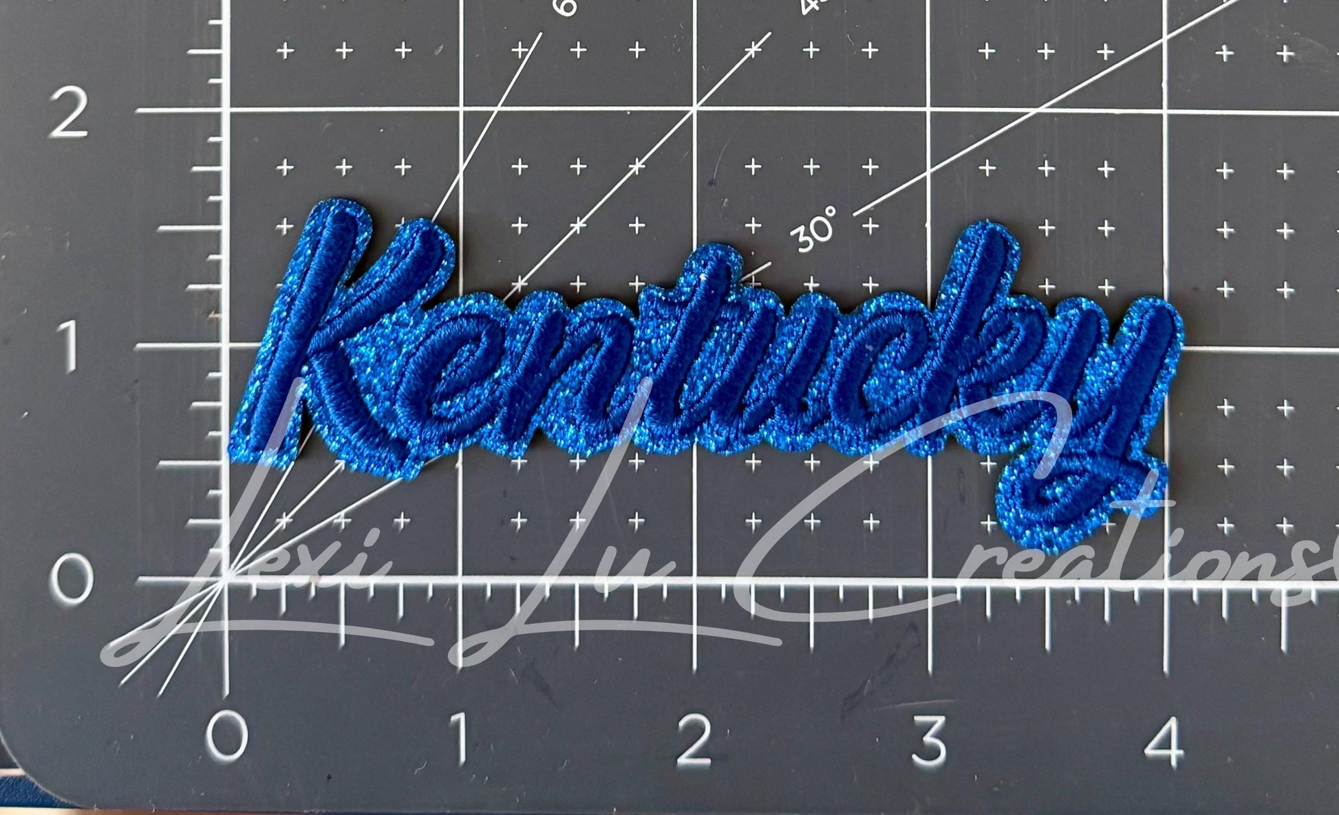 Kentucky Script Patch | Blue Glitter Kentucky Iron-On | Embroidered State Name | Game Day Appliqué