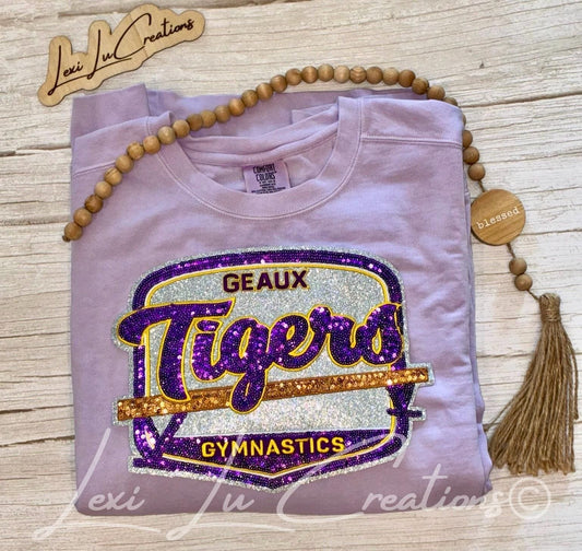 Geaux Tigers Gymnastics Shirt | LSU Gymnastics | Sequin Tigers Patch | Purple and Gold Patch | Louisiana Patch Apparel