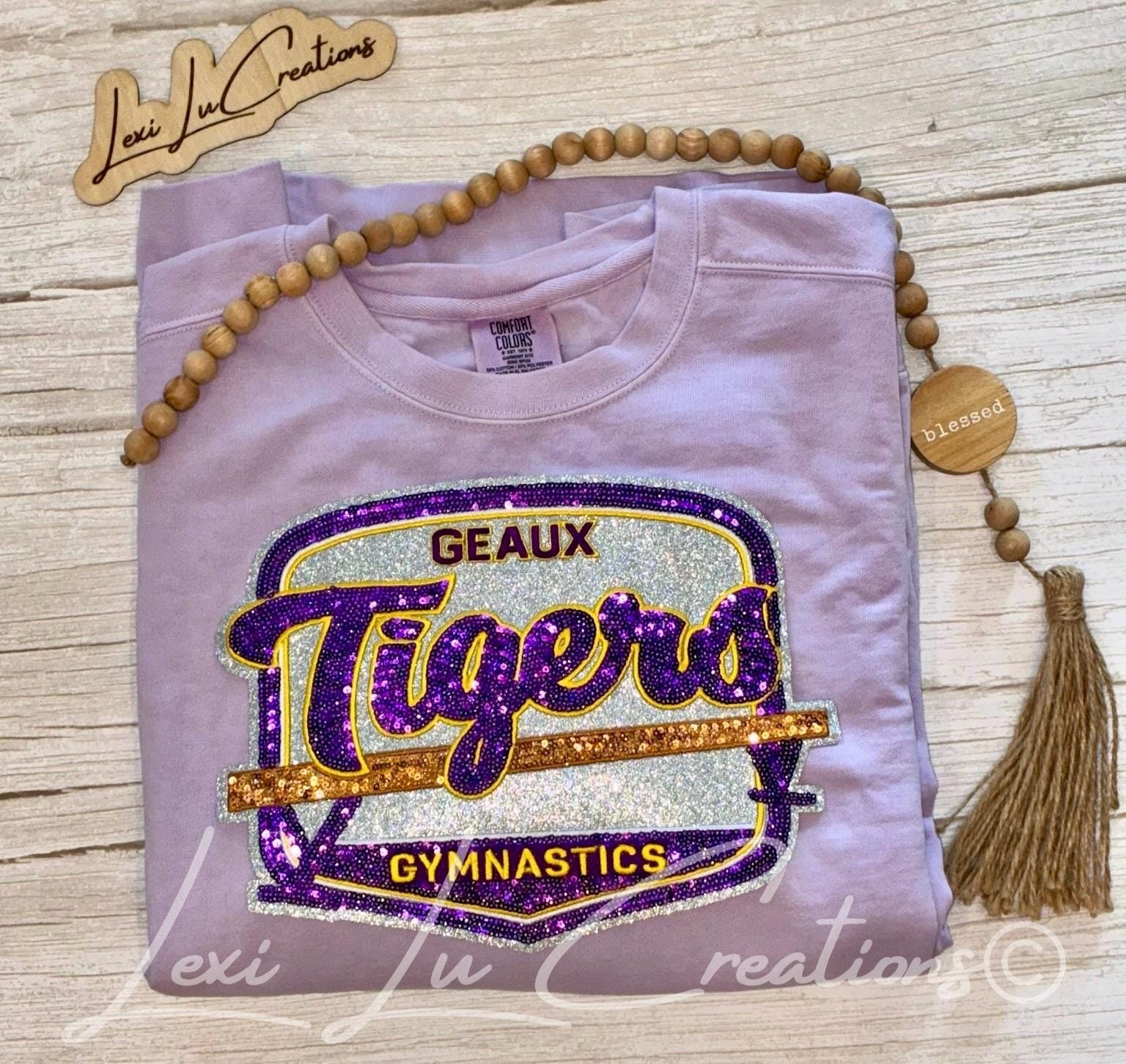 Geaux Tigers Gymnastics Shirt | LSU Gymnastics | Sequin Tigers Patch | Purple and Gold Patch | Louisiana Patch Apparel