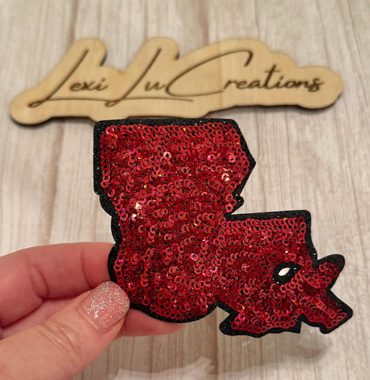 Red Louisiana Sequin Patch | Southern Iron-On | Game Day Appliqué | Ragin' Cajuns | UL | The University of Louisiana at Lafayette
