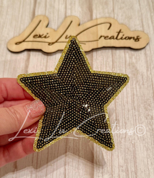 Black & Gold Star Patch | Saints Sequin Star Iron-On | Glitter Star Appliqué | Boutique Patch for Hats, Jackets and Bags