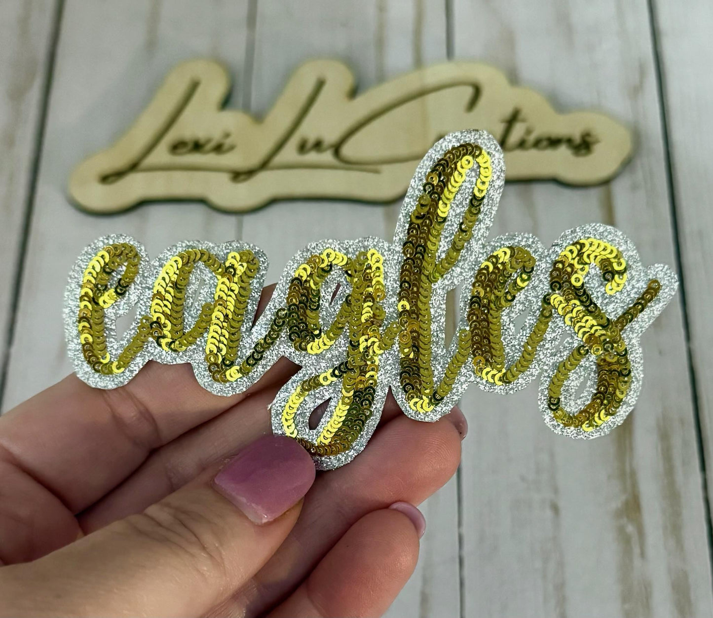 Eagles Sequin Patch | Gold Script Iron-On Patch | Glitter Team Patch | School Spirit Appliqué | Boutique Patch for Hats & Jackets