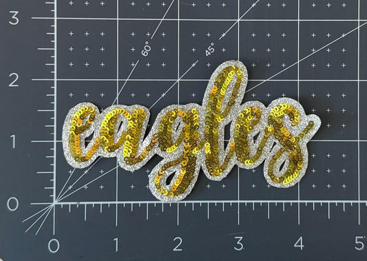 Eagles Sequin Patch | Gold Script Iron-On Patch | Glitter Team Patch | School Spirit Appliqué | Boutique Patch for Hats & Jackets