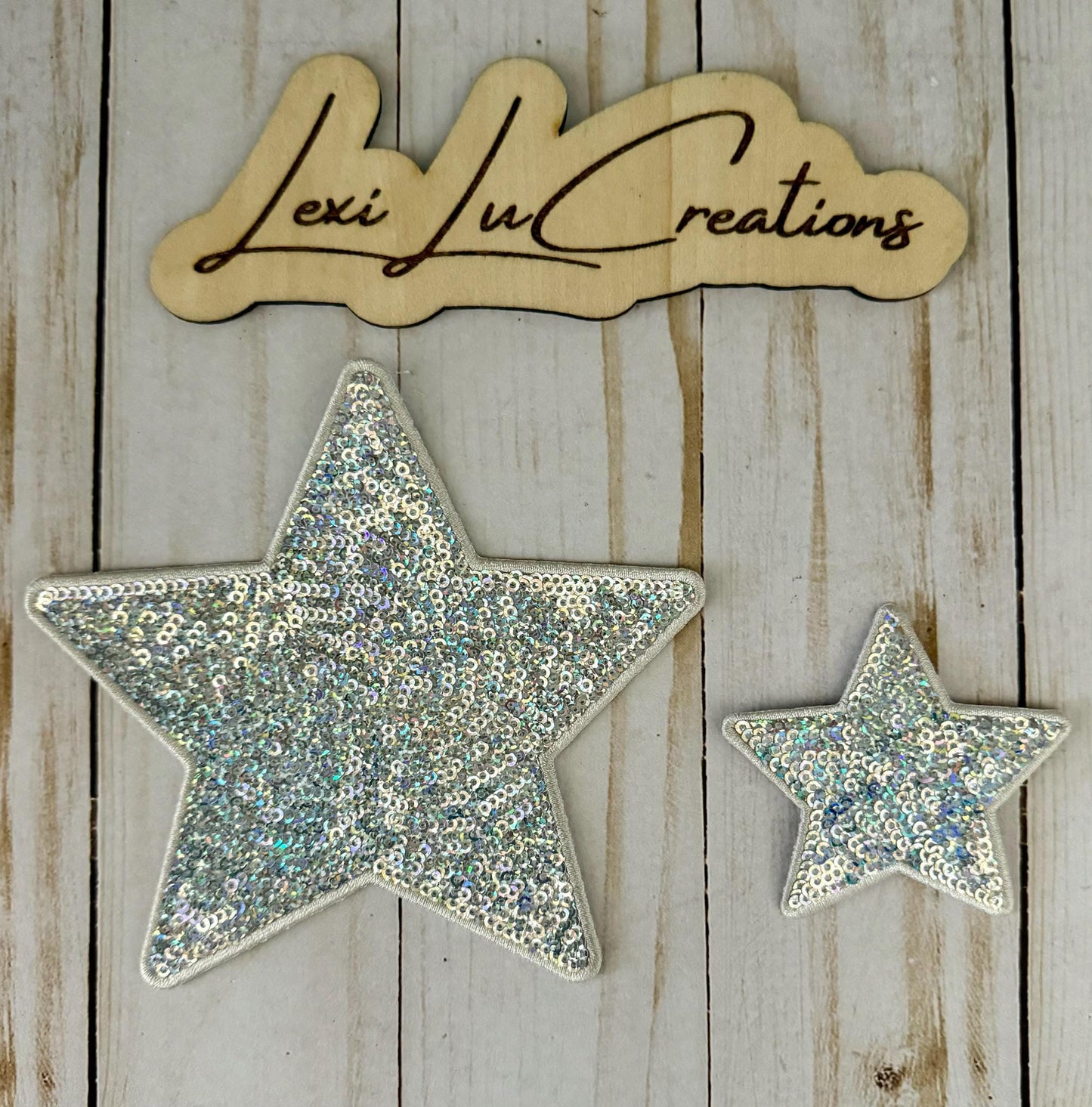 Iridescent Silver Sequin Star Patch | Small and Large Star Appliqué | Boutique Patch for Hats Jackets and Bags