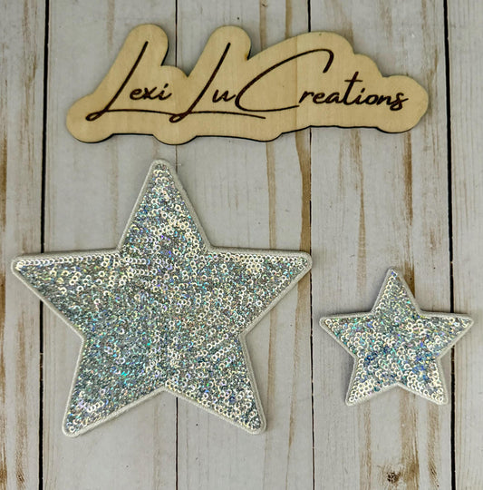 Iridescent Silver Sequin Star Patch | Small and Large Star Appliqué | Boutique Patch for Hats Jackets and Bags