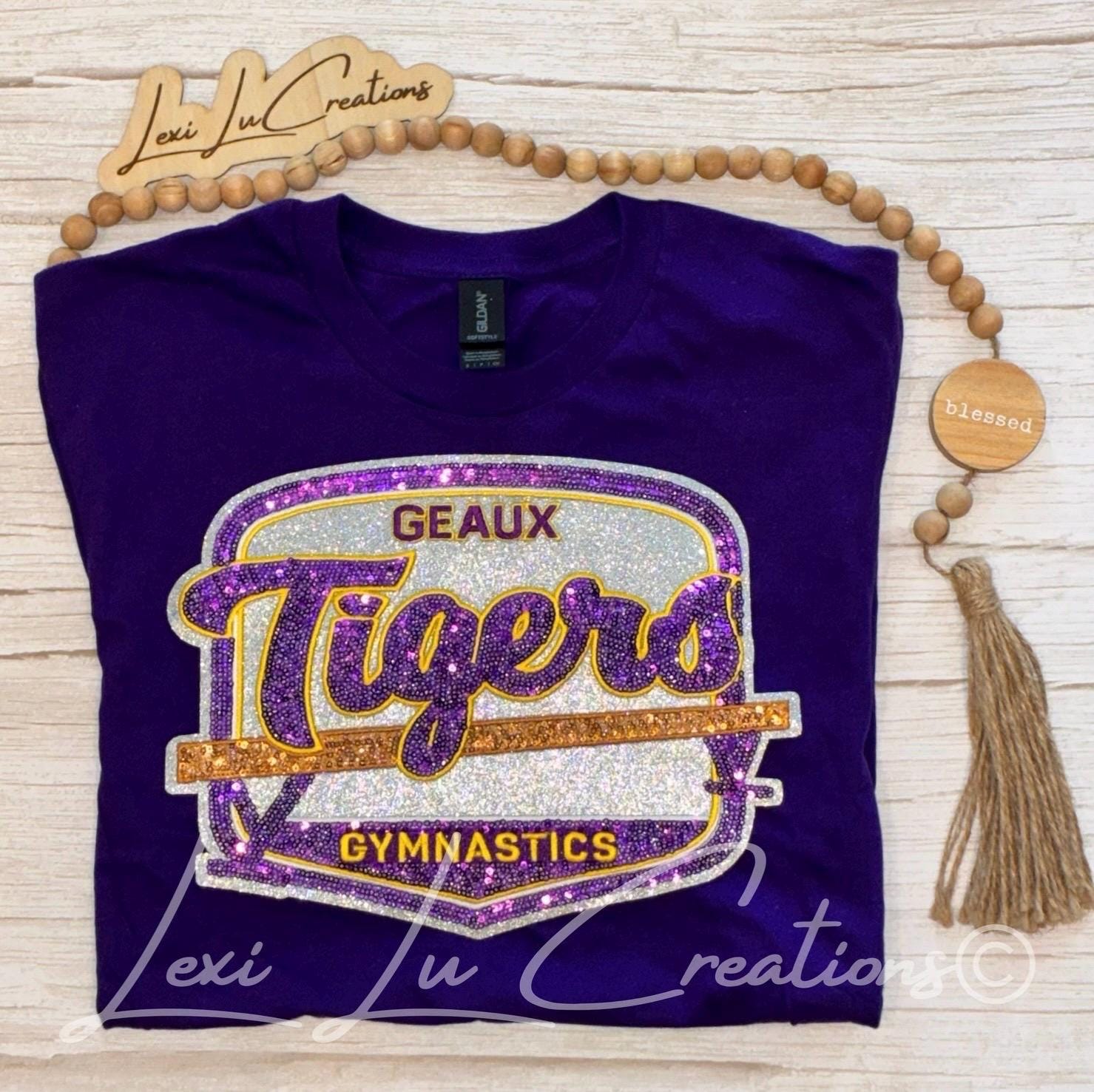 Geaux Tigers Gymnastics Shirt | LSU Gymnastics | Sequin Tigers Patch | Purple and Gold Patch | Louisiana Patch Apparel