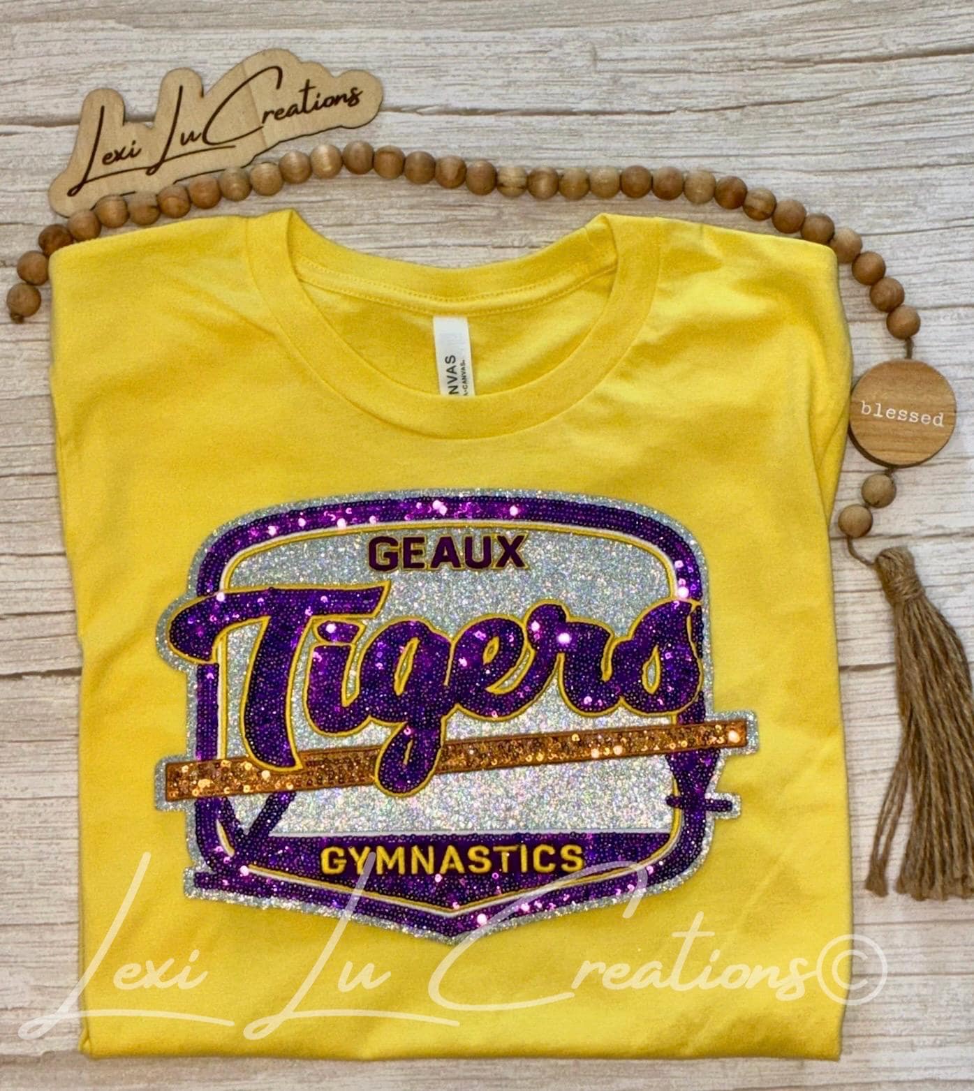 Geaux Tigers Gymnastics Shirt | LSU Gymnastics | Sequin Tigers Patch | Purple and Gold Patch | Louisiana Patch Apparel