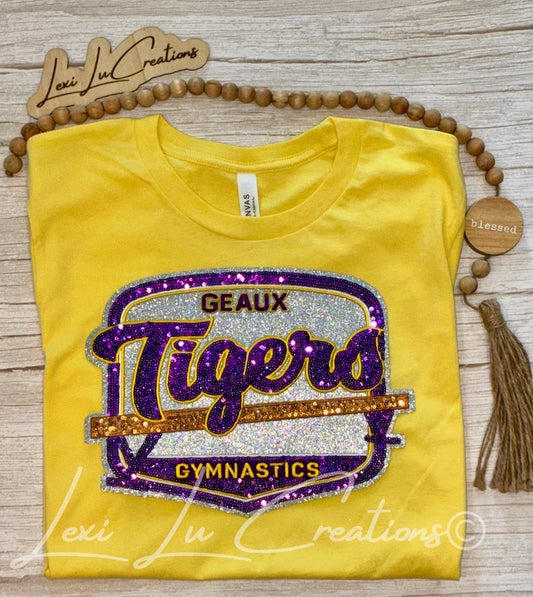 Geaux Tigers Gymnastics Shirt | LSU Gymnastics | Sequin Tigers Patch | Purple and Gold Patch | Louisiana Patch Apparel