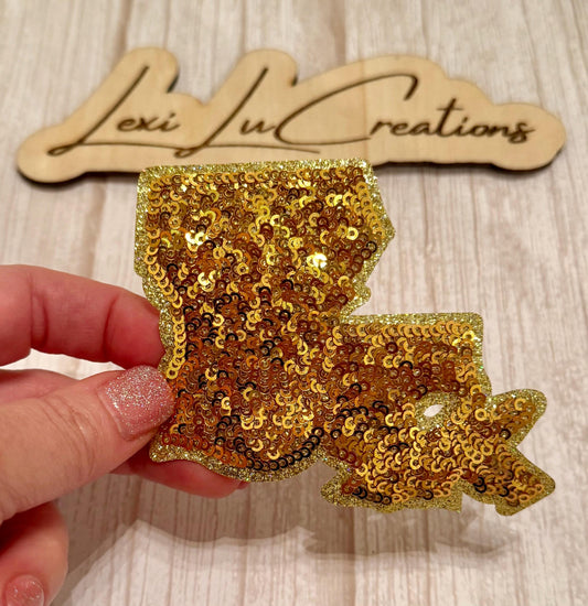 Gold Louisiana State Sequin Patch | Mardi Gras Iron On Appliqué | Boutique Patch for Hats & Jackets