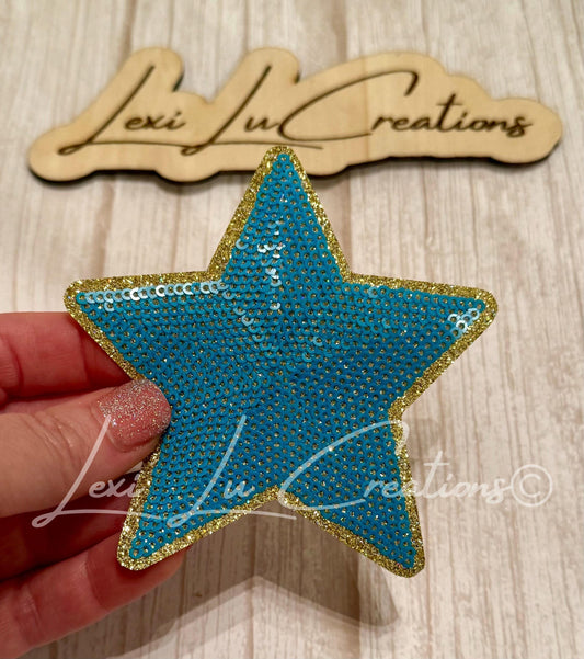 Blue & Gold Star Patch | Southern Jaguars Sequin Star Iron-On | Glitter Star Appliqué | Boutique Patch for Hats, Jackets and Bags