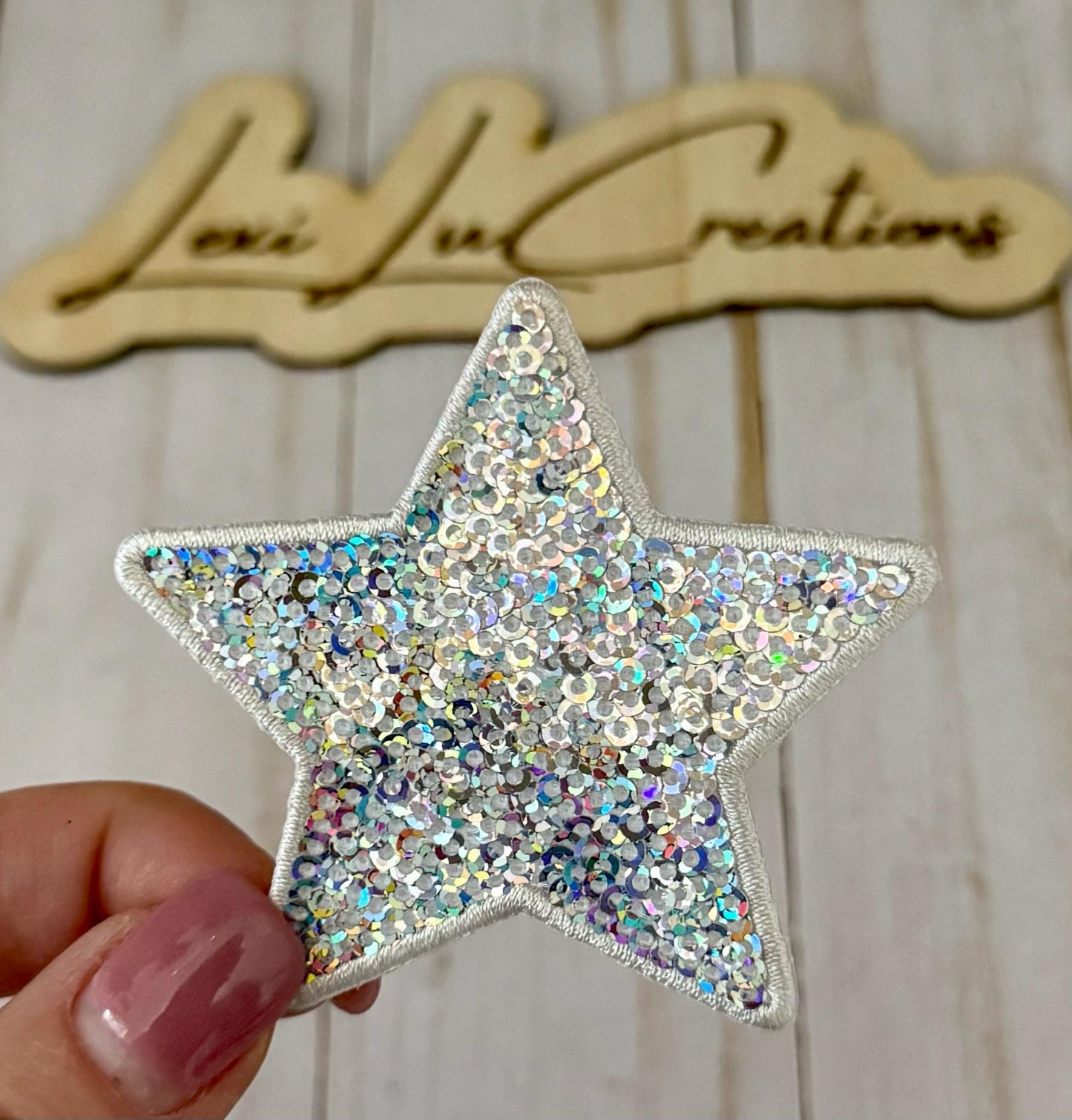 Iridescent Silver Sequin Star Patch | Small and Large Star Appliqué | Boutique Patch for Hats Jackets and Bags