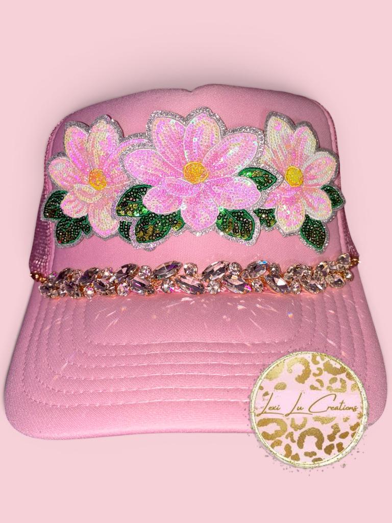 Pink Magnolia Bling Patch Hat with Rhinestone Hat Chain | Southern Glam Trucker Hat | Sparkly Magnolia Hat | Boutique Custom Hat