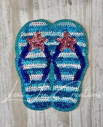 Sequin Flip Flop Patch | Beach Sandal Iron-On Patch | Coastal Glitter Appliqué | Summer Patch for Hats, Jackets & Bags