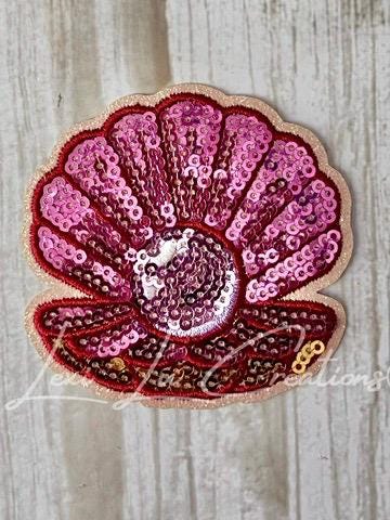 Pink Oyster Shell Patch | Sequin Pearl Shell Iron-On Patch | Coastal Glitter Appliqué | Beach Patch for Hats & Bags