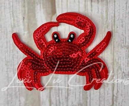 Red Crab Patch | Sequin Beach Crab Iron-On Patch | Coastal Glitter Appliqué | Summer Ocean Patch for Hats & Bags