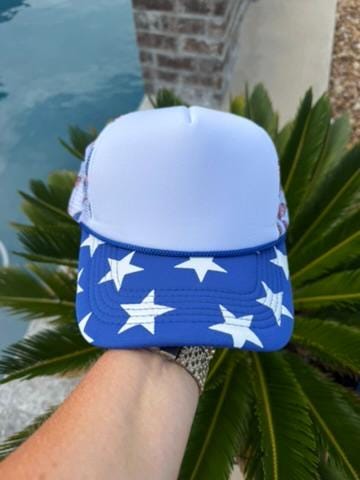 Patriotic Bow Trucker Hat with Blue and White Star Bill | Red White and Blue Bow Hat | Americana Stars Snapback | Fourth of July Hat
