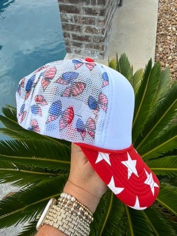 Patriotic Bow Trucker Hat with Blue and White Star Bill | Red White and Blue Bow Hat | Americana Stars Snapback | Fourth of July Hat