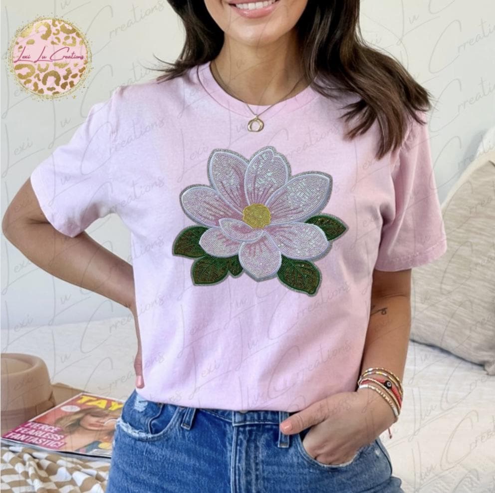 Magnolia Sequin Patch Shirt | Southern Magnolia Tee | Pink Magnolia Blossom Shirt | Louisiana Inspired Floral Shirt | Sparkly Boutique Tee