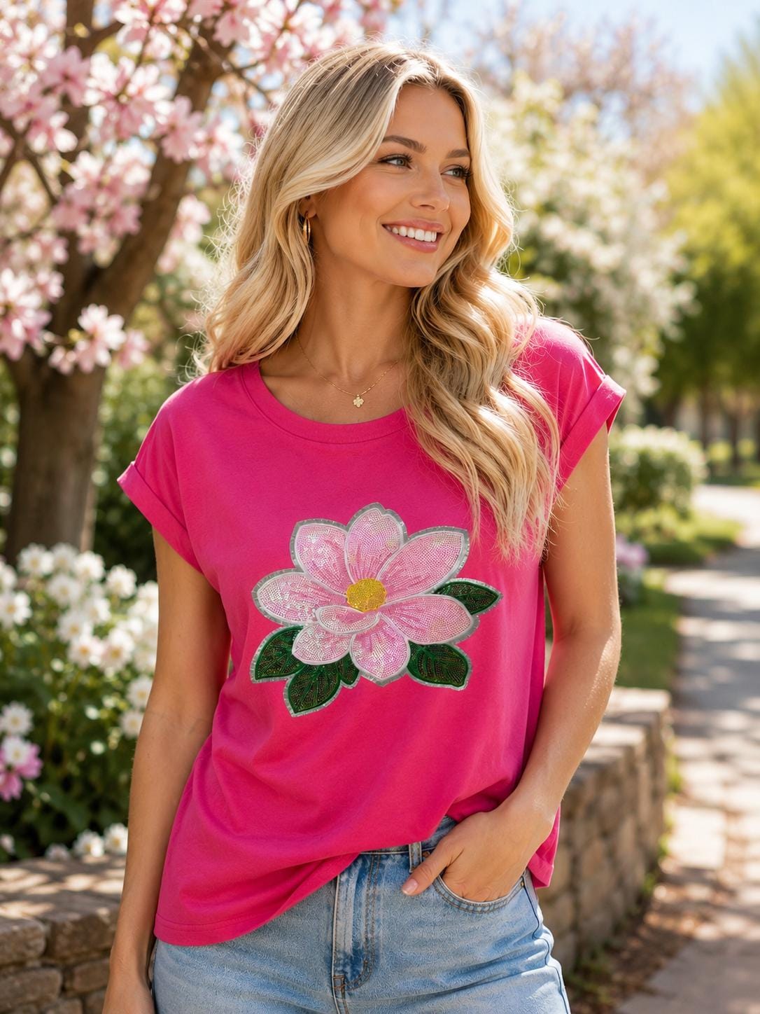 Magnolia Sequin Patch Shirt | Southern Magnolia Tee | Pink Magnolia Blossom Shirt | Louisiana Inspired Floral Shirt | Sparkly Boutique Tee