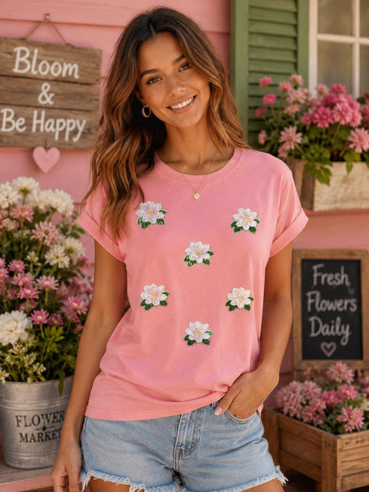 Sequin Magnolia Flower Short Sleeve Shirt