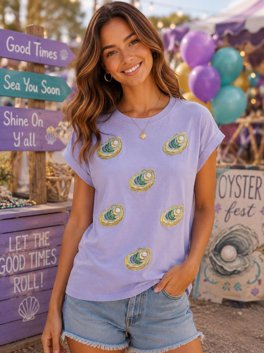 Oyster Patch Sequin Collage Shirt | Coastal Sequin Oyster Tee | Southern Seafood Shirt | Oyster Festival Outfit | Beachy Boutique Tee