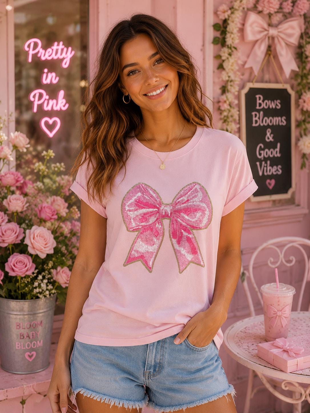 Pink Bow Sequin Patch Shirt | Coquette Bow Tee | Girly Boutique Shirt | Pink Bow Graphic Tee | Feminine Fashion Top | Cute Bow Shirt