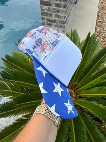 Patriotic Bow Trucker Hat with Blue and White Star Bill | Red White and Blue Bow Hat | Americana Stars Snapback | Fourth of July Hat