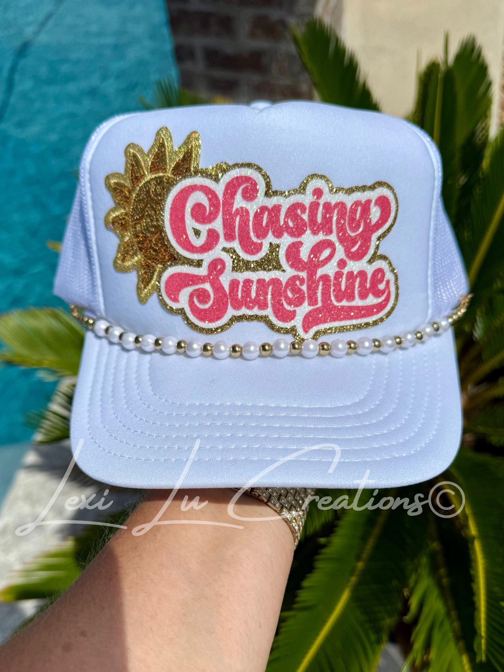 Chasing Sunshine Trucker Hat | Summer Beach Hat | Pink & Gold Glitter Patch Hat | Pearl Chain Hat | Vacation Hat Gift