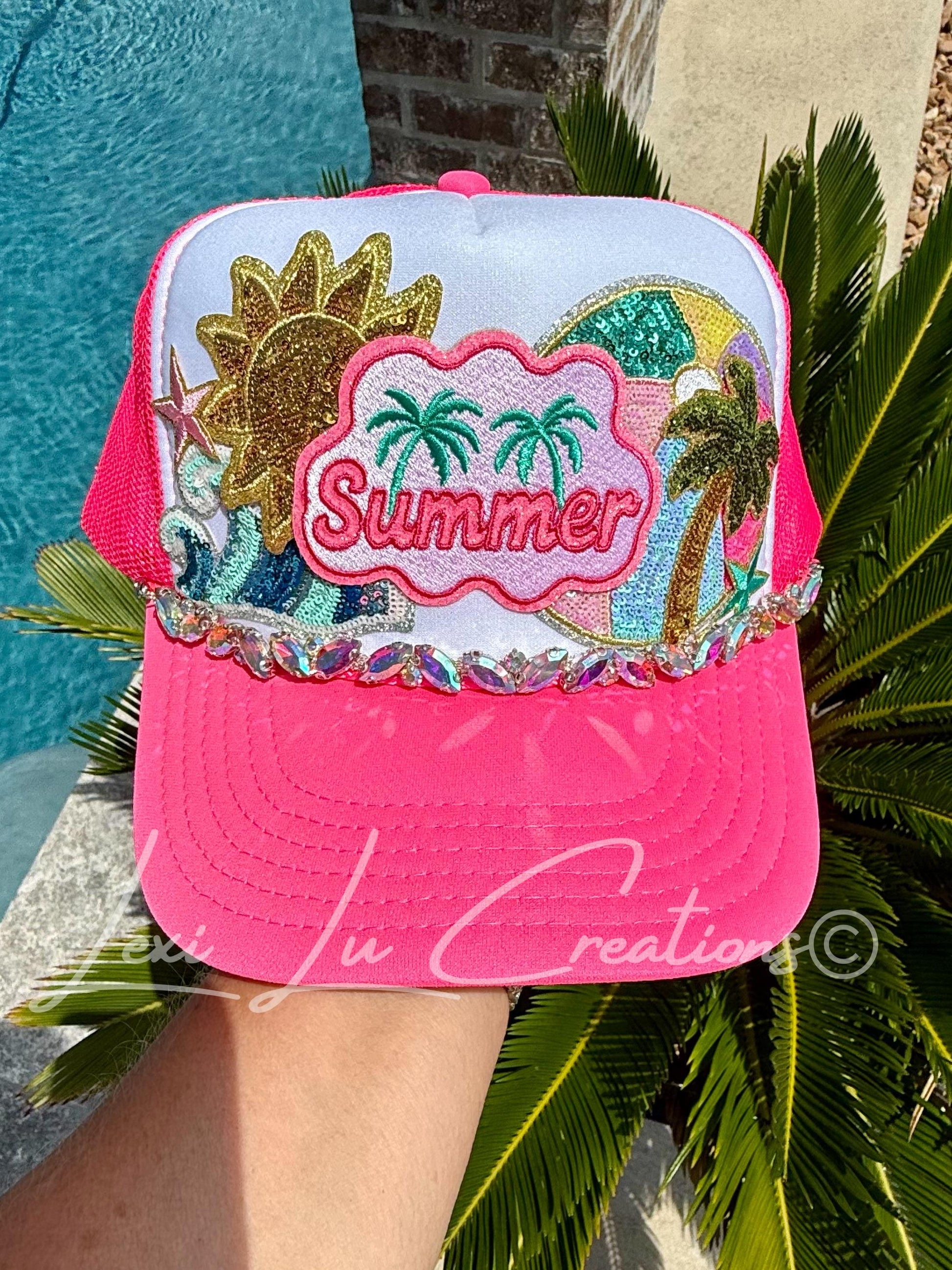 Summer Trucker Hat | Pink Beach Hat with Sequin Patches | Rhinestone Hat Chain | Tropical Vacation Hat | Poolside Summer Hat