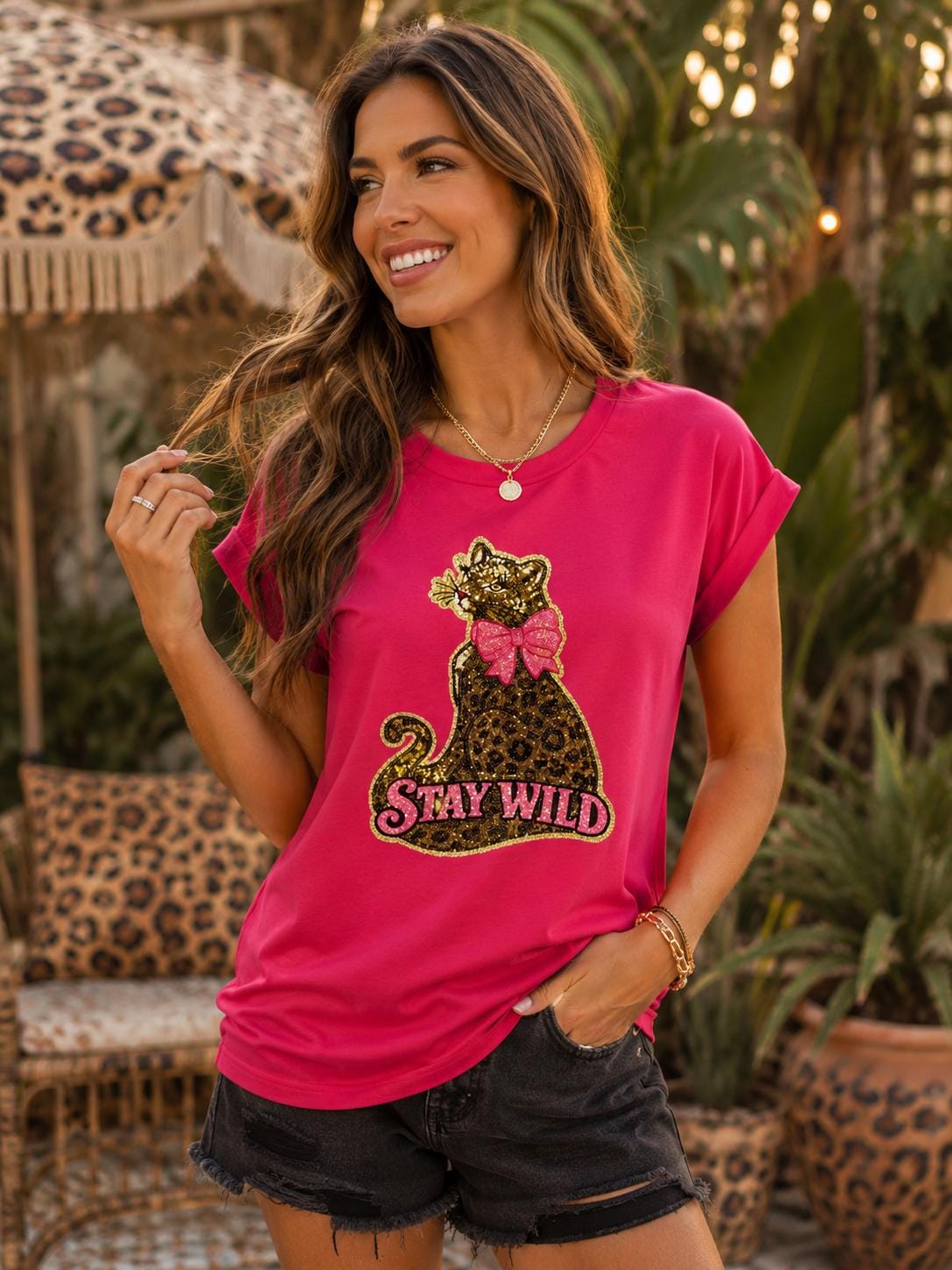 Stay Wild Leopard Sequin Short Sleeve Shirt