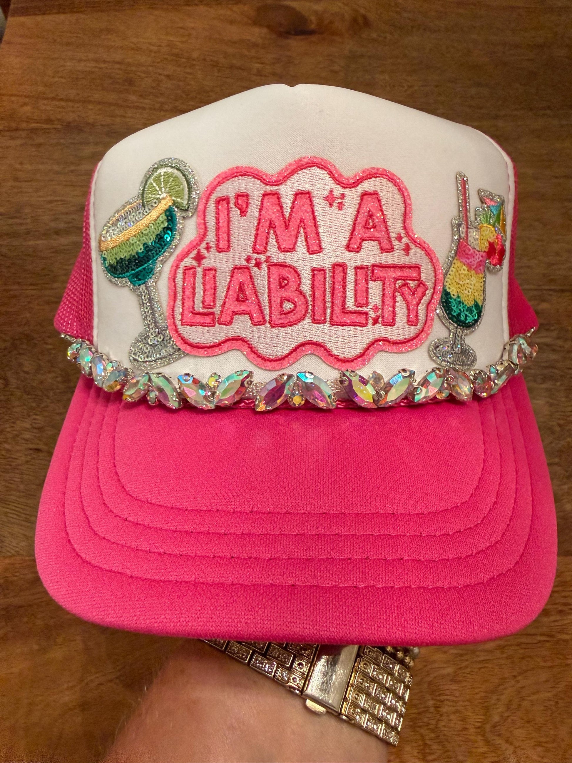 I'm A Liability Trucker Hat | Funny Girls Trip Hat | Vacation Hat with Rhinestone Chain | Bachelorette Party Hat | Beach Vacation Hat