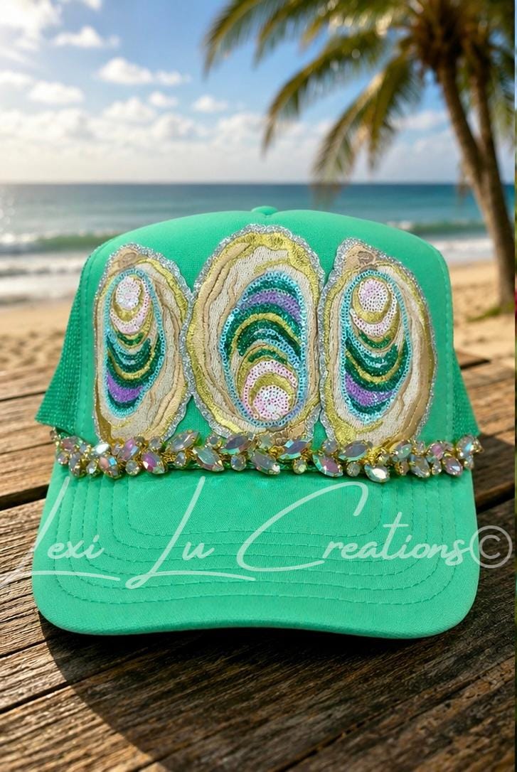 Sequin Oyster Patch Hat with Bling Chain | Coastal Southern Sparkle Trucker Hat | Louisiana Seafood Festival Hat | Custom Patch Bar Hat
