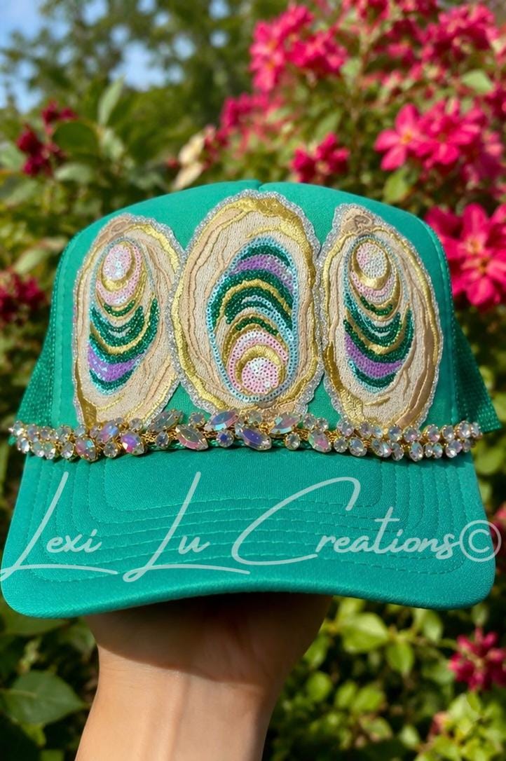 Sequin Oyster Patch Hat with Bling Chain | Coastal Southern Sparkle Trucker Hat | Louisiana Seafood Festival Hat | Custom Patch Bar Hat