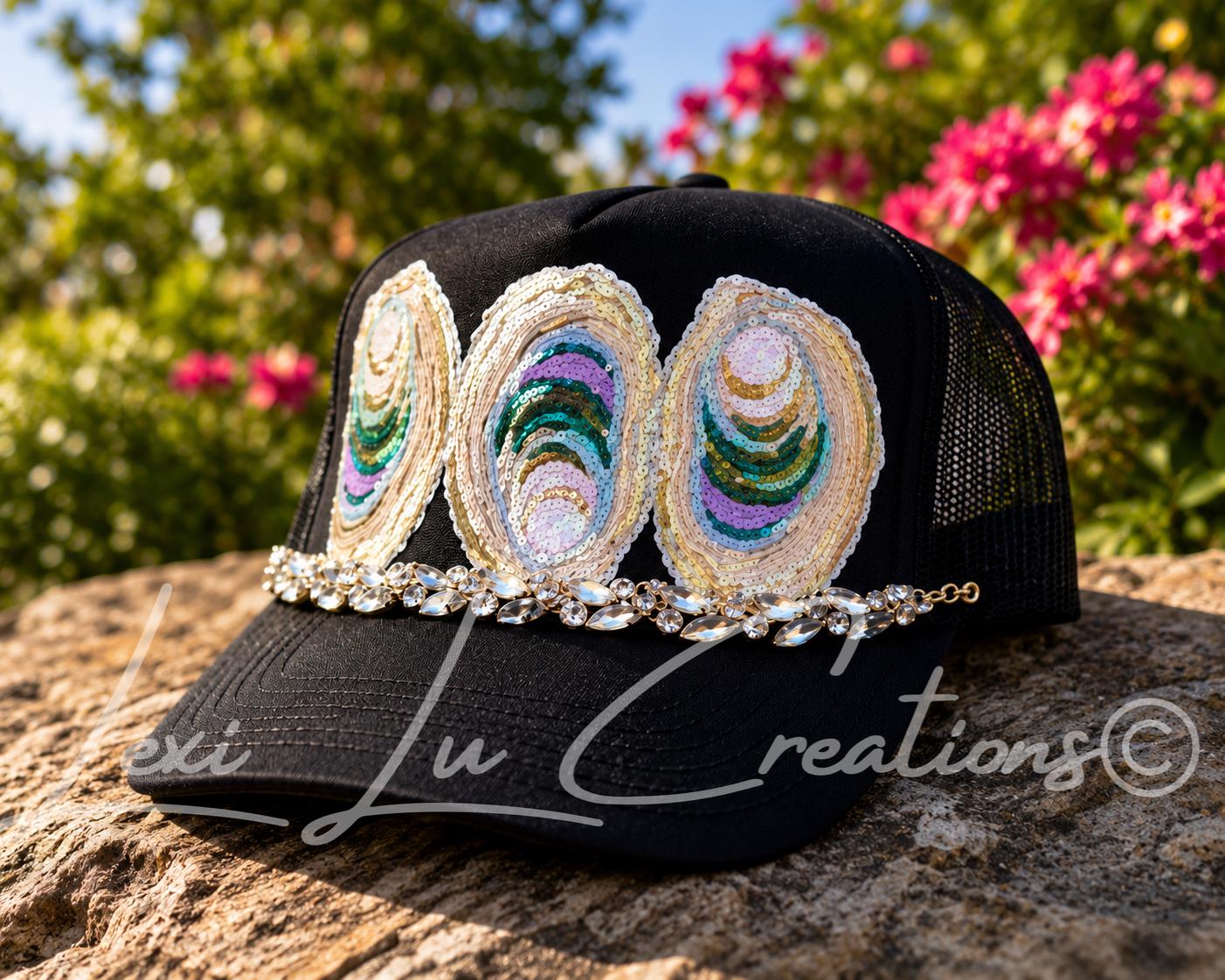 Sequin Oyster Patch Hat with Bling Chain | Coastal Southern Sparkle Trucker Hat | Louisiana Seafood Festival Hat | Custom Patch Bar Hat