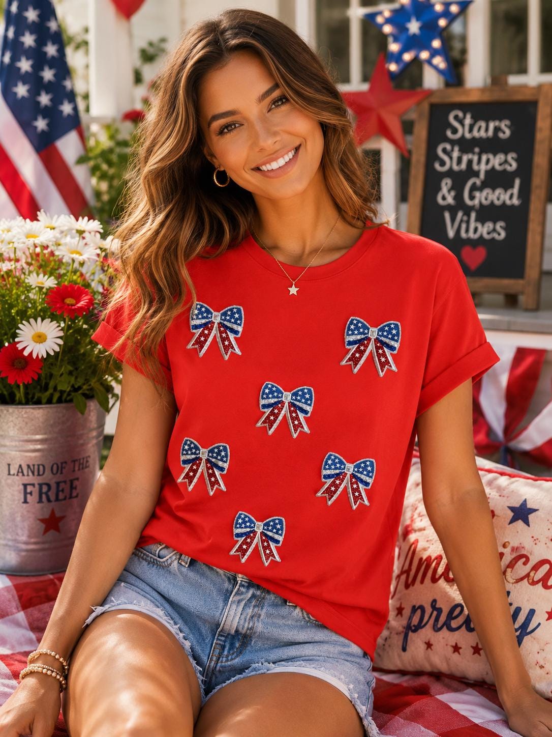 Patriotic Bow Patch Shirt | USA Bow Scattered Patch Tee | Fourth of July Shirt | American Flag Bow Shirt | Red White Blue Boutique Tee