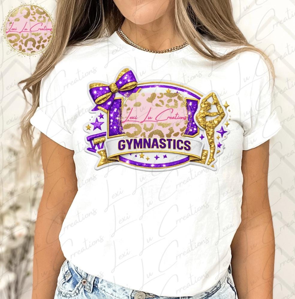 LSU Gymnastics PNG | Purple & Gold Gymnastics Design | Glitter Bow Gymnast Sublimation | Game Day Digital Download